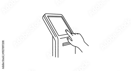 Hand touching touchscreen kiosk, modern technology, user interface, simple line art