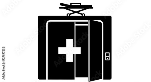 Hospital Entrance with Stretcher Icon, Medical Care Symbol, Emergency Doorway
