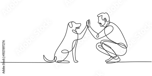 Man high-fiving dog in continuous line art drawing style. Pet and people friendship. Black linear sketch isolated on white background. Vector illustration