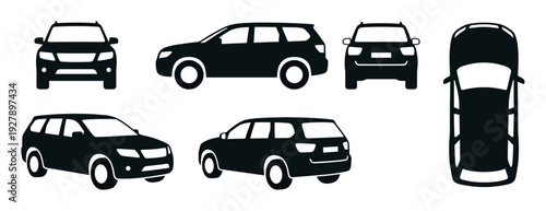 Set of black station wagon car icons showing different views including front, side, back, top, and perspective for transportation design elements in a minimalist graphic style