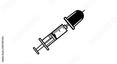 Medical Syringe Icon, Injection Healthcare Symbol, Black and White Vector