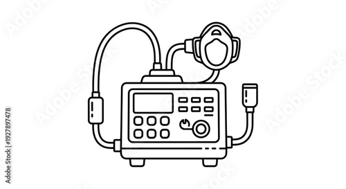 Medical Ventilator Machine with Oxygen Mask Icon, Line Art