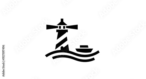 Lighthouse and Boat Silhouette on Waves Icon