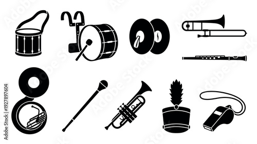 Marching band musical instruments and equipment icons presented as a black silhouette graphic illustration set including drums, trumpet, trombone, flute, and shako hat