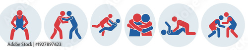 Set of six wrestling sport icons shows two stylized figures in red and blue demonstrating various moves like grappling, throwing, and pinning in a flat graphic style