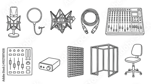 Hand-drawn recording studio equipment icon set featuring a microphone, audio mixer, pop filter, vocal booth, and other gear in a black and white doodle illustration style