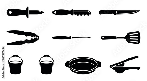 Collection of black silhouette kitchen icons featuring various seafood and cooking utensils like an oyster knife, nutcracker, spatula, garlic press, and baking dish