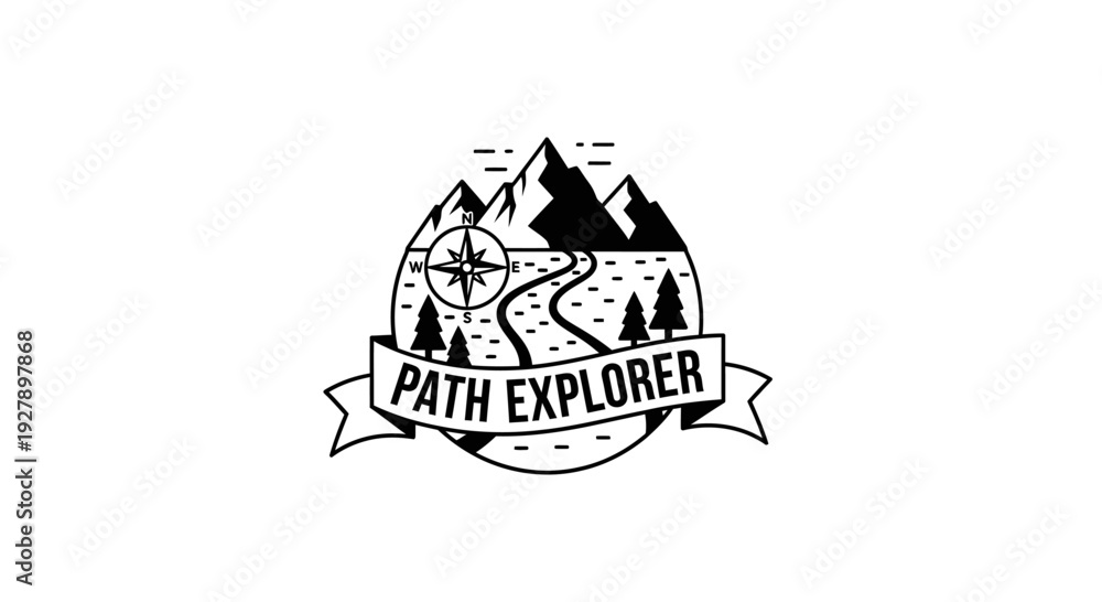 Fototapeta premium Path Explorer Mountain Adventure Logo with Compass and Trees