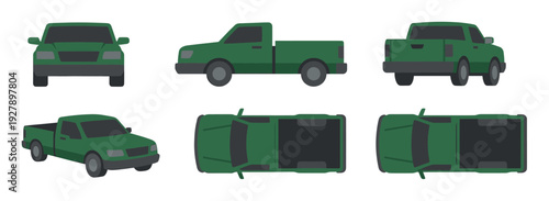 Green pickup truck vector illustration set showing the vehicle from front, side, back, top, and isometric views for automotive or transport design concepts