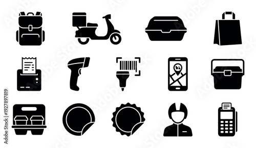 Food delivery service solid black icon set with a courier, scooter, thermal bag, takeout container, payment terminal, and online tracking symbols for business