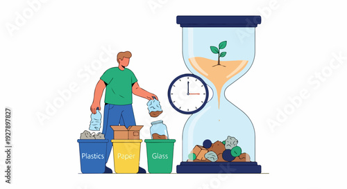 Illustration of a man recycling into separate bins next to an hourglass with a growing plant in sand and clock on a white background.