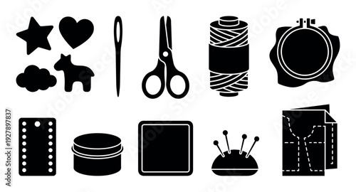 Set of black silhouette sewing and craft supply icons including a needle, scissors, thread, embroidery hoop, pincushion, and pattern for handmade hobbies and DIY projects