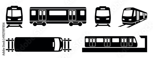 Set of black subway train vector icons showing different views including front, side, top, and perspective for public transportation and urban transit concepts
