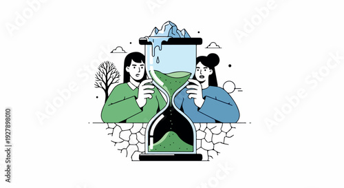 Illustration of two people turning an hourglass on cracked earth with a tree and mountain range in the background, conveying a sense of urgency and environmental change.