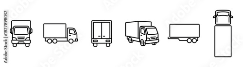 Collection of minimalist black outline delivery truck icons and a trailer, depicted from multiple perspectives, illustrating transportation and logistics with a clean graphic style