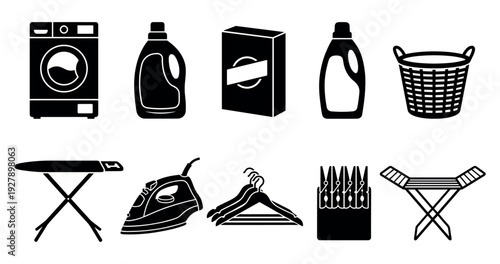 Various black silhouette laundry icons illustrate household cleaning tasks, featuring essential washing, drying, and ironing equipment in a clean, graphic style
