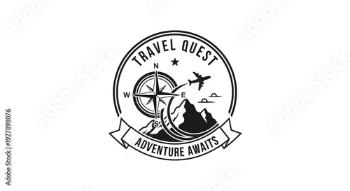 Retro Travel Quest Logo Badge with Compass, Airplane, and Mountains