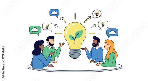 Illustration of a diverse group of people sitting around a table with a lightbulb and speech bubbles, conveying teamwork and ideas in a modern, flat design with a clean white background.