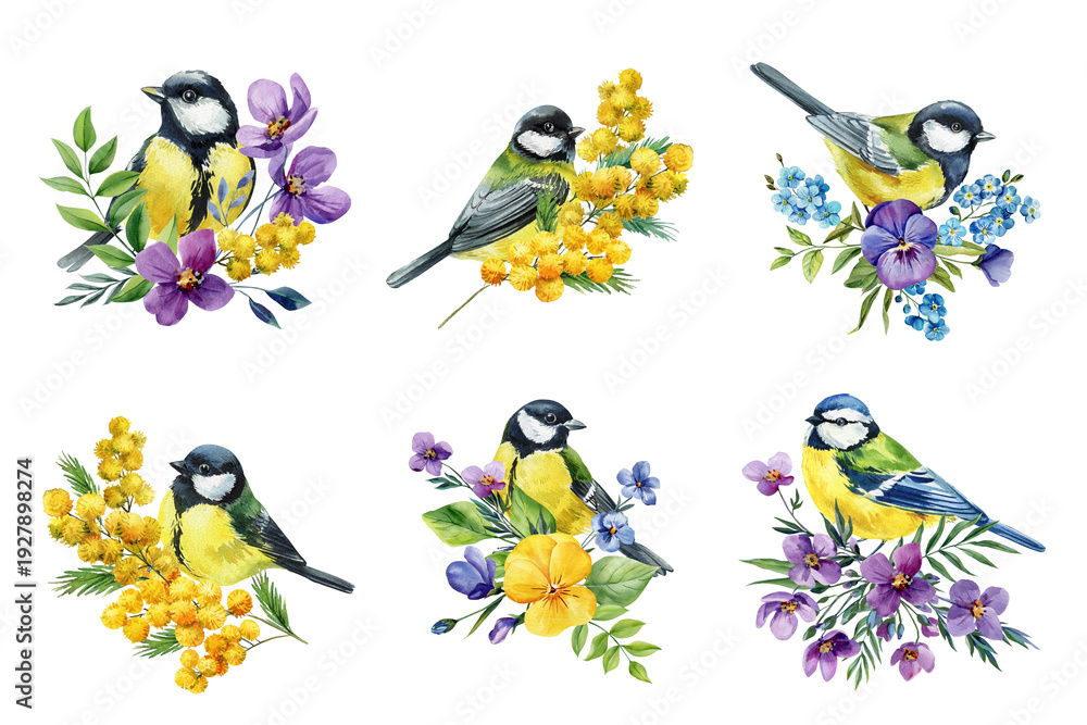 Naklejka premium Watercolor spring birds clipart set with great tit and blue tit surrounded by flowers mimosa pansy violet leaves isolated on white