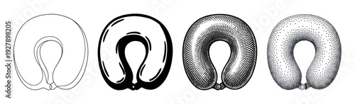 Four distinct U-shaped travel neck pillow illustrations are presented in various black and white graphic art styles, showcasing different rendering techniques with detailed textures