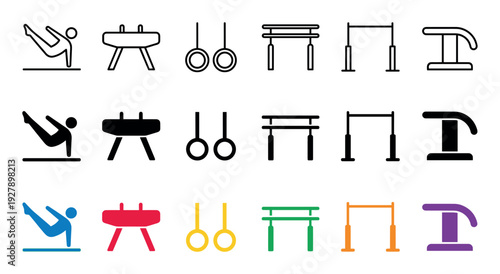 Various colorful and monochrome gymnastics equipment icons are neatly arranged in a grid, showcasing different apparatus and a gymnast's pose