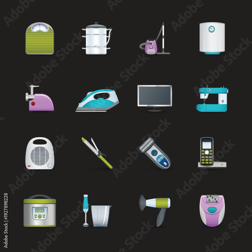 Colorful collection of 16 modern household gadgets and personal care electronics featuring kitchen tools, cleaning appliances, and beauty devices on a dark background.