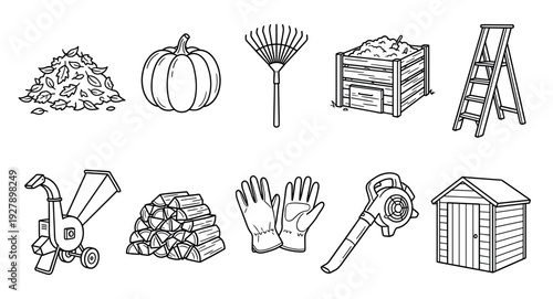 Various autumn gardening tools and supplies are neatly arranged in a clean, illustrative black outline style, depicting seasonal yard work and outdoor maintenance essentials