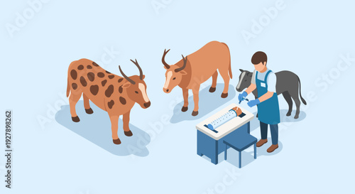 Veterinarian Examining Cows at Desk.