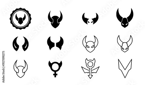 Modern Devil Horn Icon Set Demon Halloween Badge Vector Collection Transparent Background