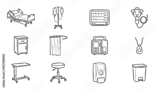 Twelve detailed hand-drawn medical and hospital equipment icons are clearly depicted in a clean, illustrative line art style, showcasing essential items for healthcare settings