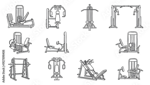 Various line art illustrations of gym equipment for strength training and fitness workouts, depicted in a clean, minimalist vector style