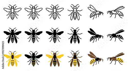 Various stylized bee and wasp insect icons are presented in a comprehensive collection, showcasing outline, solid black, and colored designs from multiple perspectives