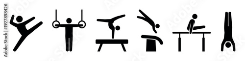Six black silhouette gymnastics icons illustrate various athletic poses and apparatus, showcasing dynamic movements and strength in a clean, graphic style