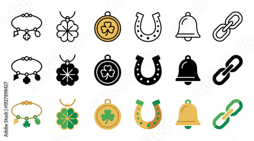 Six distinct lucky charm symbol icons are presented in outline, solid, and colorful flat design styles, featuring items like clovers, horseshoes, and bells, arranged neatly