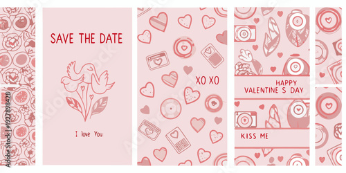 Valentine s day themed cards and invitations with cute doodles hearts and romantic messages
