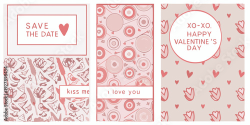 Three vertical valentine s day cards with pink graphics hearts and romantic messages