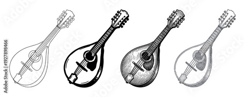 Four distinct mandolin musical instrument illustrations showcase diverse artistic styles, including outline, solid, engraving, and stippling, presented in a monochrome palette