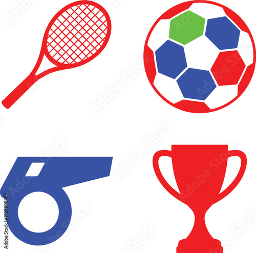 Professional sports equipment set featuring tennis racket soccer ball whistle and trophy