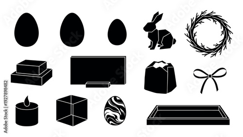Various black silhouette icons representing common objects and symbols are neatly arranged in a minimalist vector illustration style, perfect for diverse design projects