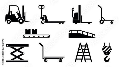 Various black silhouette warehouse and logistics equipment icons are neatly arranged, depicting essential tools for material handling and industrial operations in a clear, graphic style