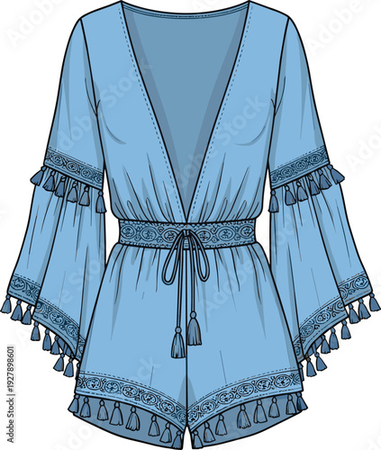 Light blue bohemian romper with tassel trim and bell sleeves fashion technical sketch cad drawing flat vector illustration for design