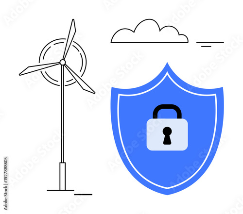 Cybersecurity concept. A security shield with a lock symbol beside a wind turbine safe renewable energy. Cybersecurity for clean tech and energy infrastructure. For technology, energy sectors