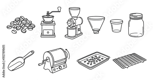 Collection of black outline coffee preparation tools and beans are neatly arranged in this illustrative graphic, depicting the process from bean to brew