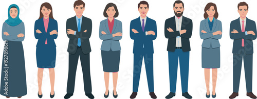 Diverse business people standing together portrait, professional office team unity concept, corporate staff avatars, flat vector illustration set