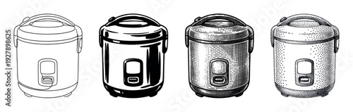 Four distinct black and white rice cookers are presented in various artistic styles, including outline, solid, engraved, and stippling, showcasing kitchen appliance diversity
