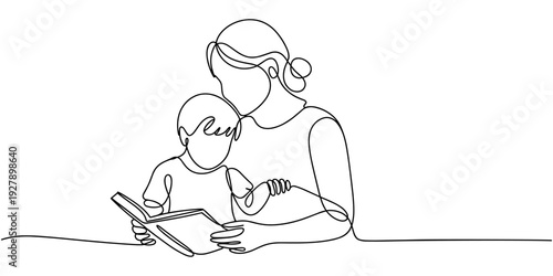 Continuous line drawing of a family reading a book together. One line art showing parents and children sitting closely, symbolizing love, learning, and togetherness.