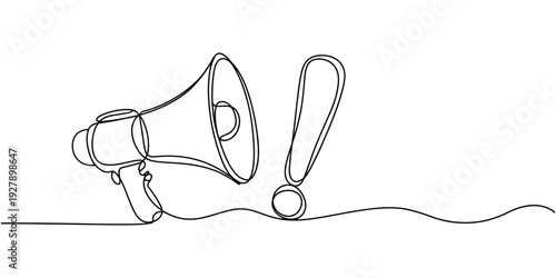 Continuous single line sketch drawing of megaphone exclamation mark attention warning sign one line vector illustration, Megaphone Continuous Line Icon, Megaphone Continuous Line Icon.