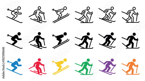 Collection of diverse minimalist skier icons showcasing various poses and styles, presented in both black outline, solid black, and vibrant colorful filled graphic designs