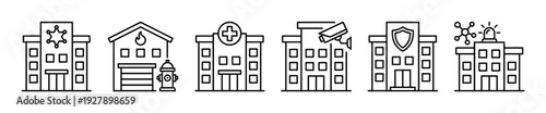Six distinct public service buildings icons are depicted in a clean, minimalist line art style, showcasing essential community functions with symbolic details