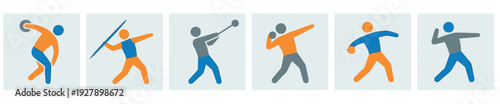 Six colorful minimalist athletic throwing icons illustrate various track and field sports, including discus, javelin, hammer, and shot put, with dynamic action poses